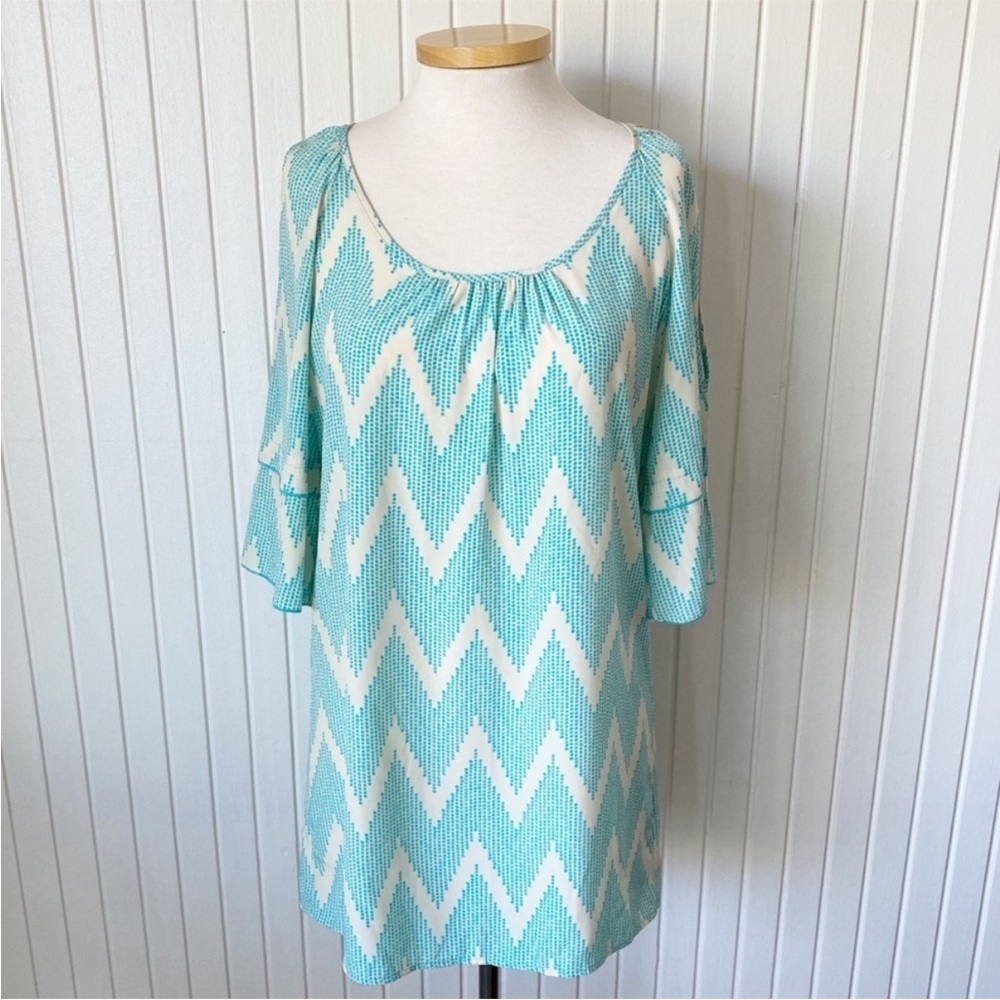 Glam Aqua Blue Dot & White Cream Chevron Print Half Sleeve Sheath Dress Small